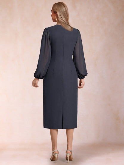 Robes de Mère de la Mariée Fourreau/Colonne à Manches Longues et Décolleté Plongeant avec Appliques