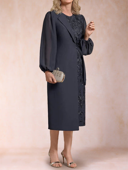 Robes de Mère de la Mariée Fourreau/Colonne à Manches Longues et Décolleté Plongeant avec Appliques