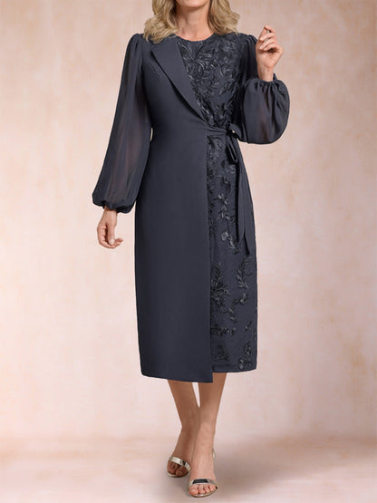 Robes de Mère de la Mariée Fourreau/Colonne à Manches Longues et Décolleté Plongeant avec Appliques