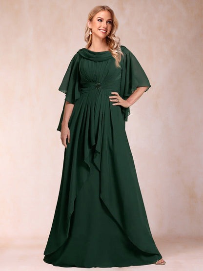 Robes de Mère de la Mariée Coupe A-Line/Princesse à Manches Courtes et Col Rond avec Perles