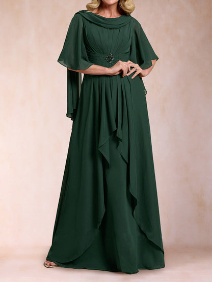 Robes de Mère de la Mariée Coupe A-Line/Princesse à Manches Courtes et Col Rond avec Perles