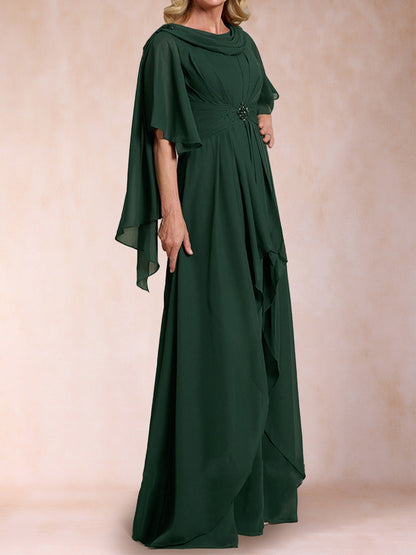 Robes de Mère de la Mariée Coupe A-Line/Princesse à Manches Courtes et Col Rond avec Perles
