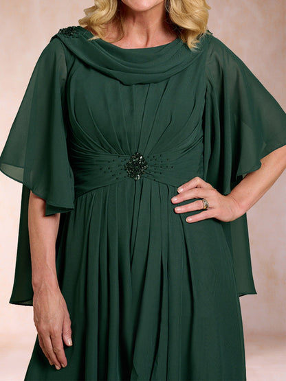 Robes de Mère de la Mariée Coupe A-Line/Princesse à Manches Courtes et Col Rond avec Perles