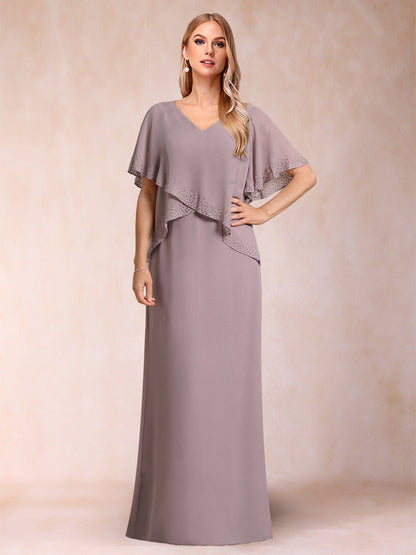 Robes de Mère de la Mariée Fourreau/Colonne à Col en V et Manches Courtes avec Strass