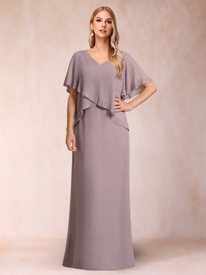 Robes de Mère de la Mariée Fourreau/Colonne à Col en V et Manches Courtes avec Strass