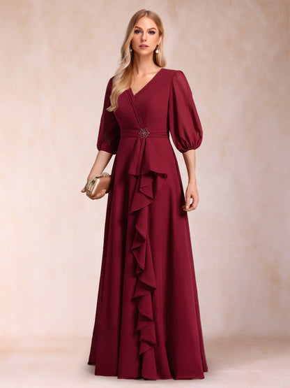 Robe de Mère de la Mariée Coupe A-Line/Princesse, Col en V, Manches 3/4 avec Volants