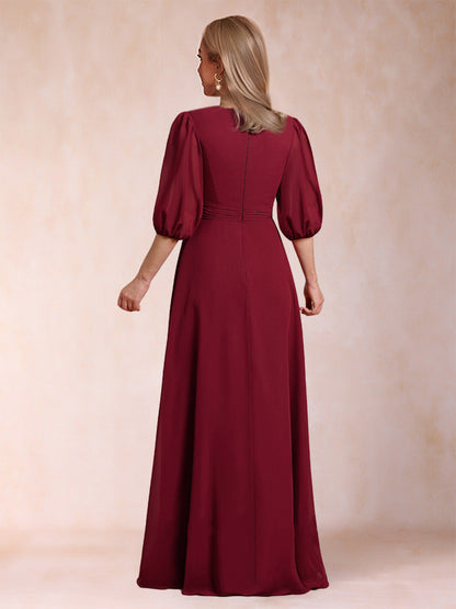 Robe de Mère de la Mariée Coupe A-Line/Princesse, Col en V, Manches 3/4 avec Volants