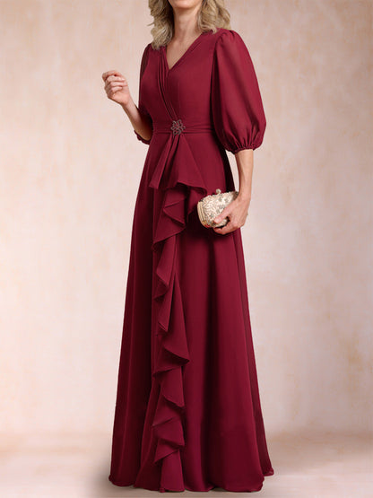Robe de Mère de la Mariée Coupe A-Line/Princesse, Col en V, Manches 3/4 avec Volants
