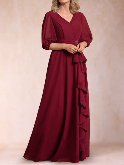 Robe de Mère de la Mariée Coupe A-Line/Princesse, Col en V, Manches 3/4 avec Volants