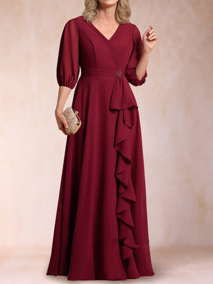 Robe de Mère de la Mariée Coupe A-Line/Princesse, Col en V, Manches 3/4 avec Volants