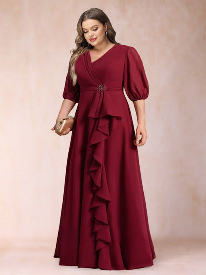 Robe de Mère de la Mariée Grande Taille, Coupe Trapèze/Princesse, Col en V, Manches 3/4 avec Volants