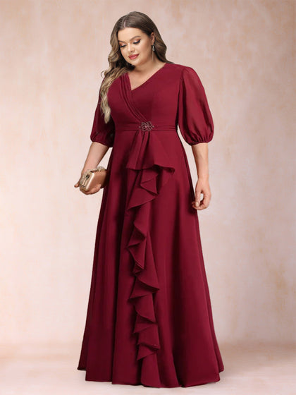 Robe de Mère de la Mariée Grande Taille, Coupe Trapèze/Princesse, Col en V, Manches 3/4 avec Volants
