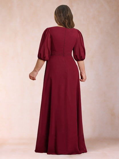 Robe de Mère de la Mariée Grande Taille, Coupe Trapèze/Princesse, Col en V, Manches 3/4 avec Volants