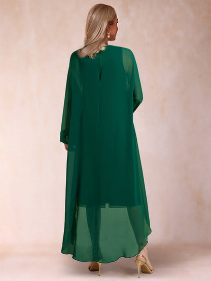 Robe Mère de la Mariée 2 Pièces, Fourreau/Colonne, Manches Longues avec Fente Latérale