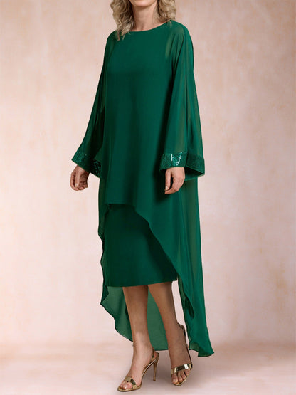 Robe Mère de la Mariée 2 Pièces, Fourreau/Colonne, Manches Longues avec Fente Latérale