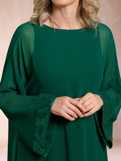 Robe Mère de la Mariée 2 Pièces, Fourreau/Colonne, Manches Longues avec Fente Latérale