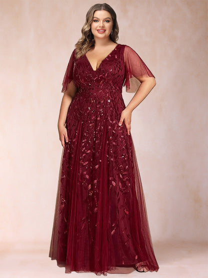 Robe de Mère de la Mariée Grande Taille, Coupe Trapèze/Princesse, Longueur au Sol, Manches Mi-Longues, Col en V