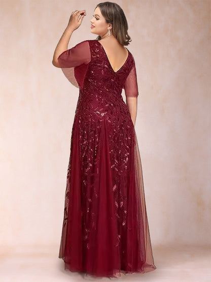 Robe de Mère de la Mariée Grande Taille, Coupe Trapèze/Princesse, Longueur au Sol, Manches Mi-Longues, Col en V
