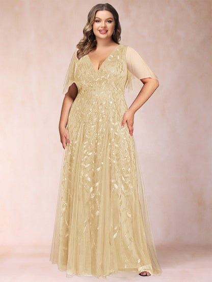 Robe de Mère de la Mariée Grande Taille, Coupe Trapèze/Princesse, Longueur au Sol, Manches Mi-Longues, Col en V