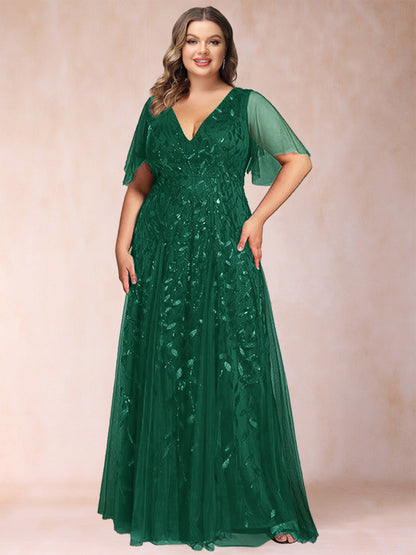 Robe de Mère de la Mariée Grande Taille, Coupe Trapèze/Princesse, Longueur au Sol, Manches Mi-Longues, Col en V