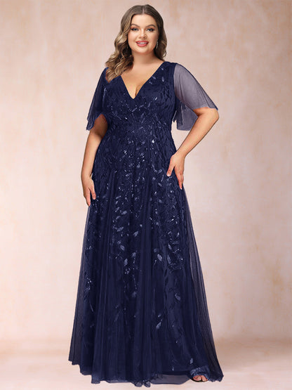 Robe de Mère de la Mariée Grande Taille, Coupe Trapèze/Princesse, Longueur au Sol, Manches Mi-Longues, Col en V