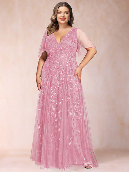 Robe de Mère de la Mariée Grande Taille, Coupe Trapèze/Princesse, Longueur au Sol, Manches Mi-Longues, Col en V
