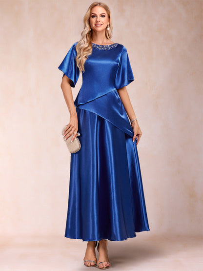 Robes de Mère de la Mariée Coupe A-Line/Princesse à Manches Courtes et Col Rond avec Perles