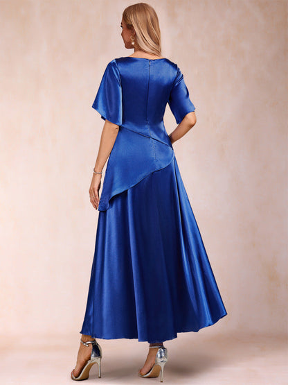 Robes de Mère de la Mariée Coupe A-Line/Princesse à Manches Courtes et Col Rond avec Perles