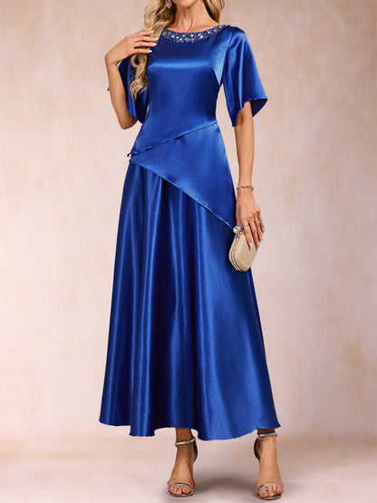 Robes de Mère de la Mariée Coupe A-Line/Princesse à Manches Courtes et Col Rond avec Perles
