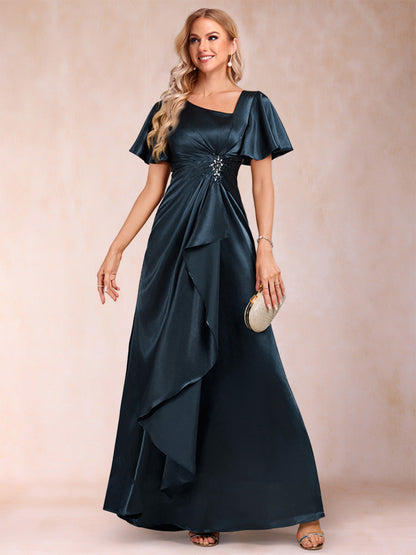 Robe de Mère de la Mariée Coupe A-Line/Princesse, Col en V, Manches Courtes avec Ceinture