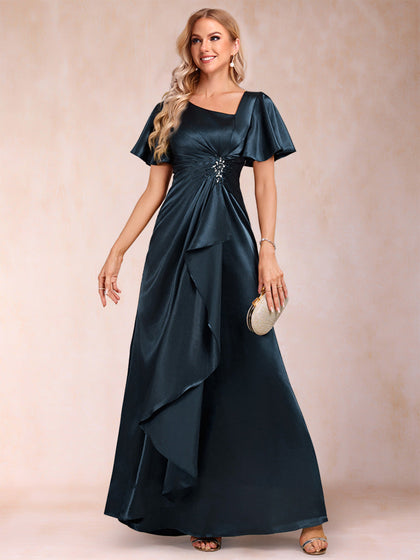 Robe de Mère de la Mariée Coupe A-Line/Princesse, Col en V, Manches Courtes avec Ceinture