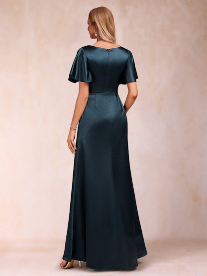 Robe de Mère de la Mariée Coupe A-Line/Princesse, Col en V, Manches Courtes avec Ceinture
