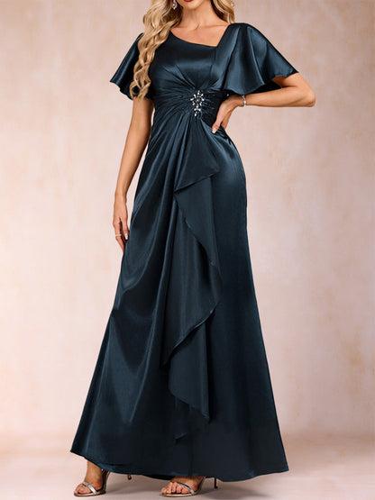 Robe de Mère de la Mariée Coupe A-Line/Princesse, Col en V, Manches Courtes avec Ceinture