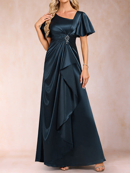 Robe de Mère de la Mariée Coupe A-Line/Princesse, Col en V, Manches Courtes avec Ceinture