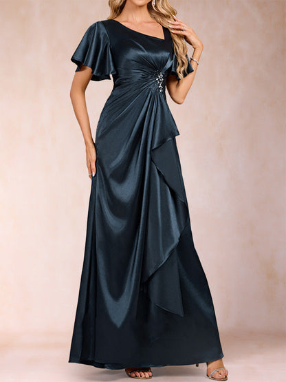Robe de Mère de la Mariée Coupe A-Line/Princesse, Col en V, Manches Courtes avec Ceinture