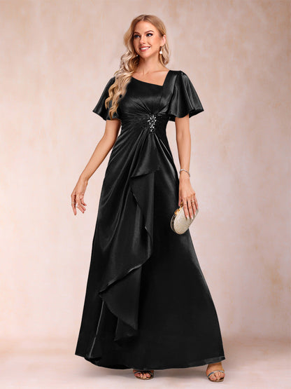 Robe de Mère de la Mariée Coupe A-Line/Princesse, Col en V, Manches Courtes avec Ceinture