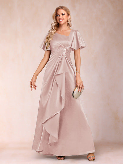 Robe de Mère de la Mariée Coupe A-Line/Princesse, Col en V, Manches Courtes avec Ceinture