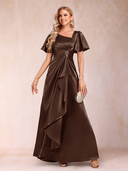 Robe de Mère de la Mariée Coupe A-Line/Princesse, Col en V, Manches Courtes avec Ceinture