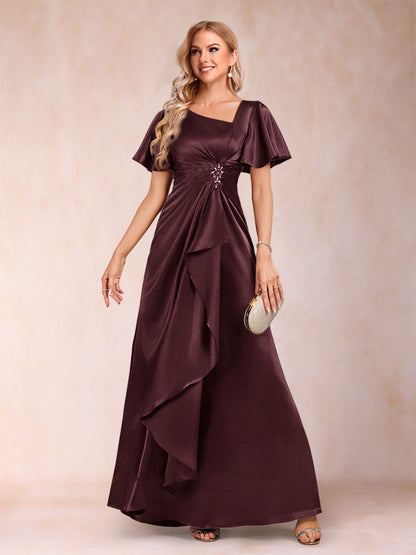 Robe de Mère de la Mariée Coupe A-Line/Princesse, Col en V, Manches Courtes avec Ceinture