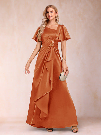 Robe de Mère de la Mariée Coupe A-Line/Princesse, Col en V, Manches Courtes avec Ceinture