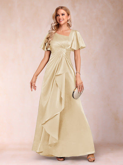 Robe de Mère de la Mariée Coupe A-Line/Princesse, Col en V, Manches Courtes avec Ceinture