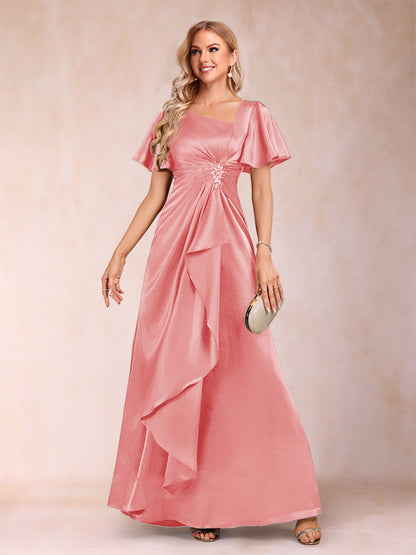 Robe de Mère de la Mariée Coupe A-Line/Princesse, Col en V, Manches Courtes avec Ceinture