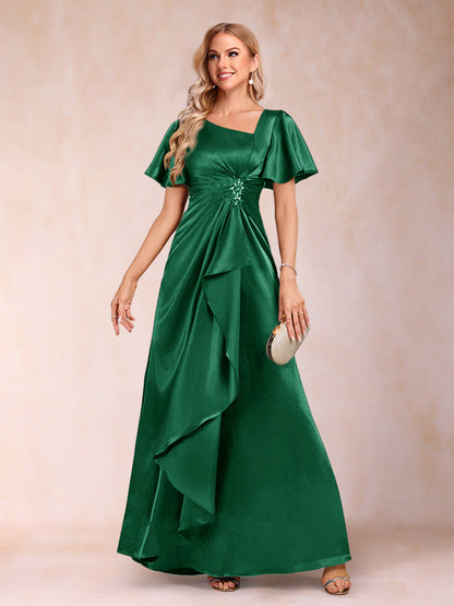 Robe de Mère de la Mariée Coupe A-Line/Princesse, Col en V, Manches Courtes avec Ceinture