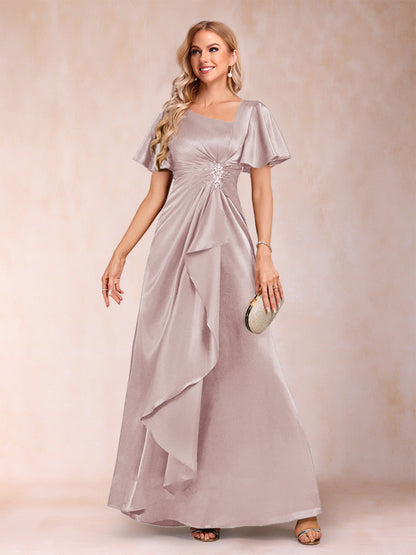 Robe de Mère de la Mariée Coupe A-Line/Princesse, Col en V, Manches Courtes avec Ceinture