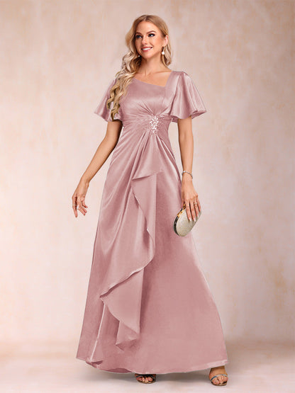 Robe de Mère de la Mariée Coupe A-Line/Princesse, Col en V, Manches Courtes avec Ceinture
