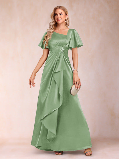 Robe de Mère de la Mariée Coupe A-Line/Princesse, Col en V, Manches Courtes avec Ceinture