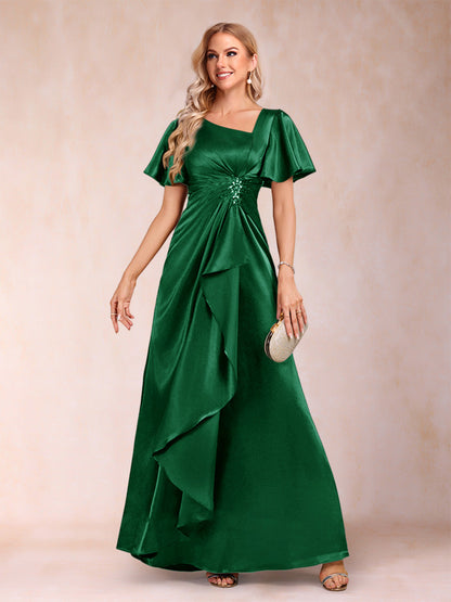 Robe de Mère de la Mariée Coupe A-Line/Princesse, Col en V, Manches Courtes avec Ceinture