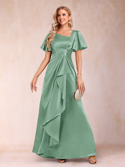 Robe de Mère de la Mariée Coupe A-Line/Princesse, Col en V, Manches Courtes avec Ceinture