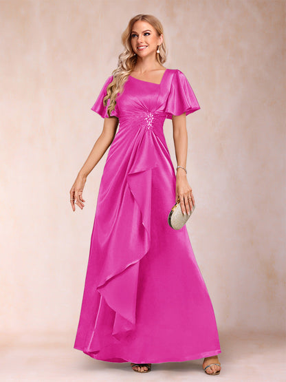 Robe de Mère de la Mariée Coupe A-Line/Princesse, Col en V, Manches Courtes avec Ceinture