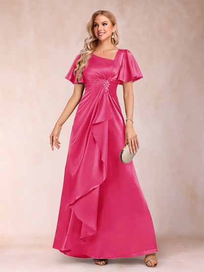 Robe de Mère de la Mariée Coupe A-Line/Princesse, Col en V, Manches Courtes avec Ceinture